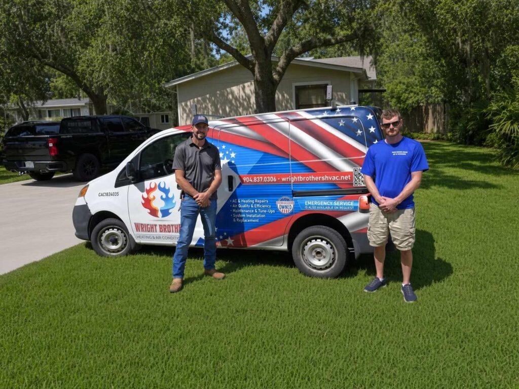 Wright Brothers Heating and Air Conditioning technicians with service van in St. Augustine, FL